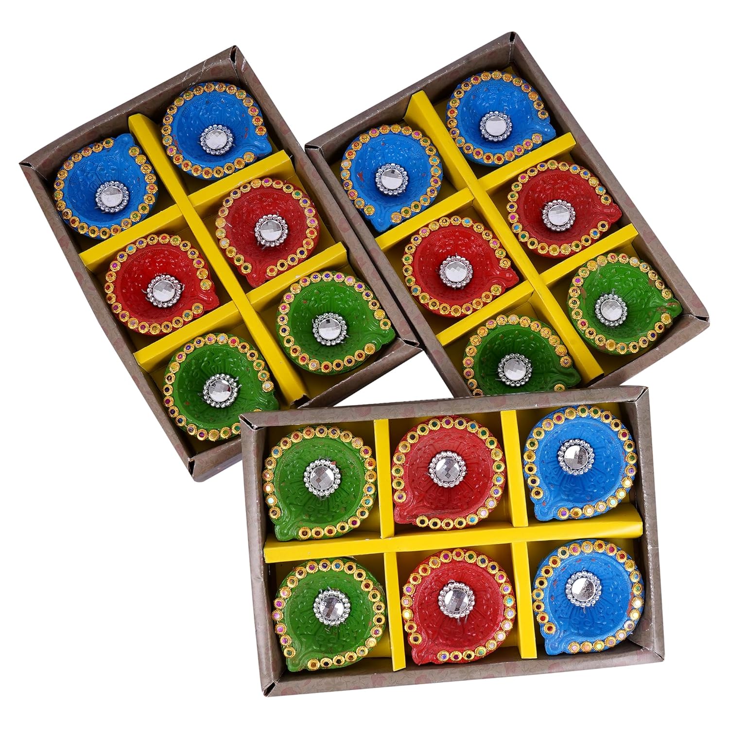 TIED RIBBONS Set of 18 Handmade Clay Diwali Diyas Earthen Oil Lamp Large Diwali Diya for Diwali Decoration Home Puja Office Pooja Room Mandir Temple Table Dipawali Decor Items (Multi, 6 cm x 2 cm)