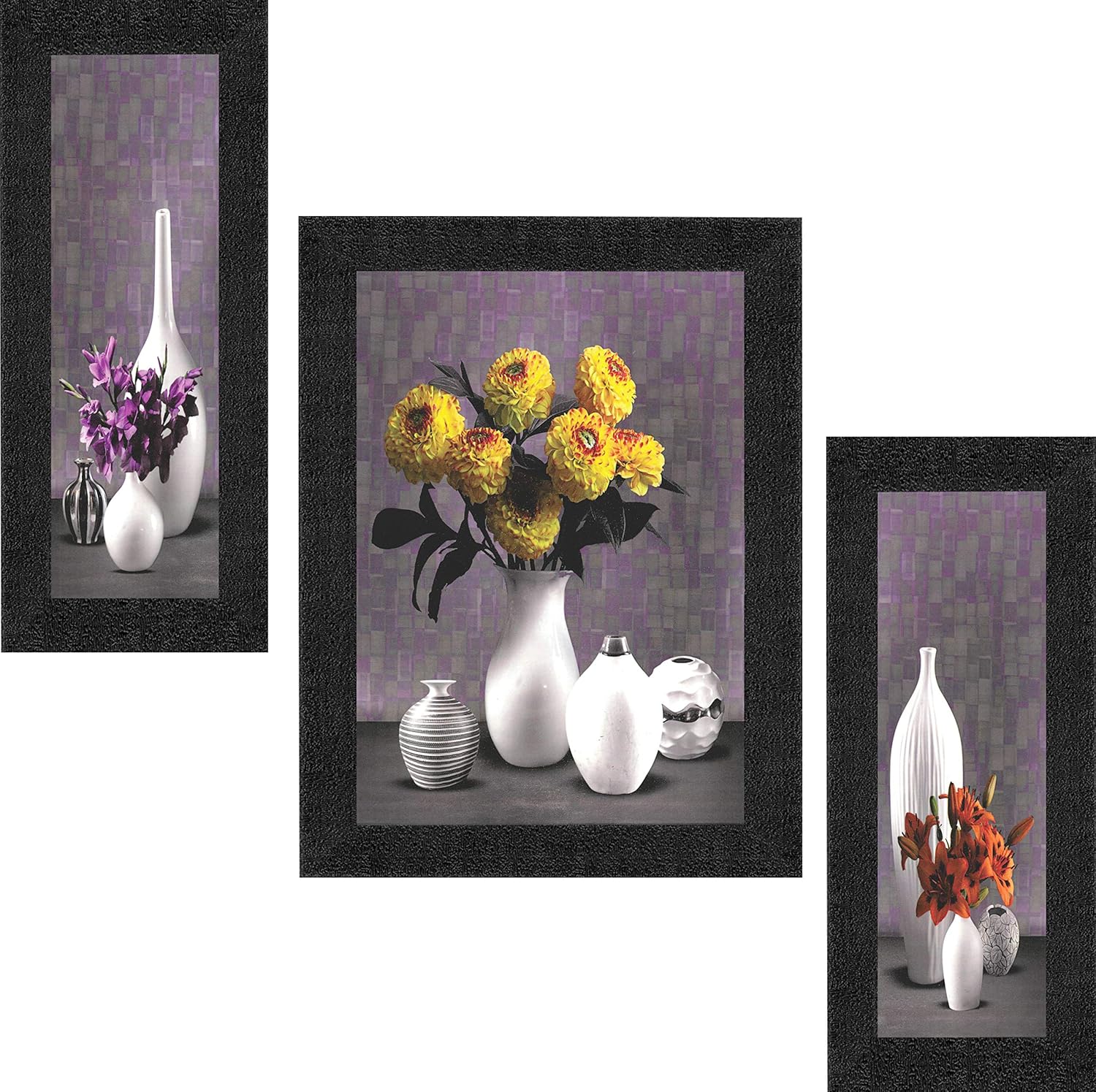 SAF paintings Set of 3 Flower Floral Pot UV Coated Home Decorative Gift Item Framed Painting 13.5 inch X 22 inch SANFSA7478
