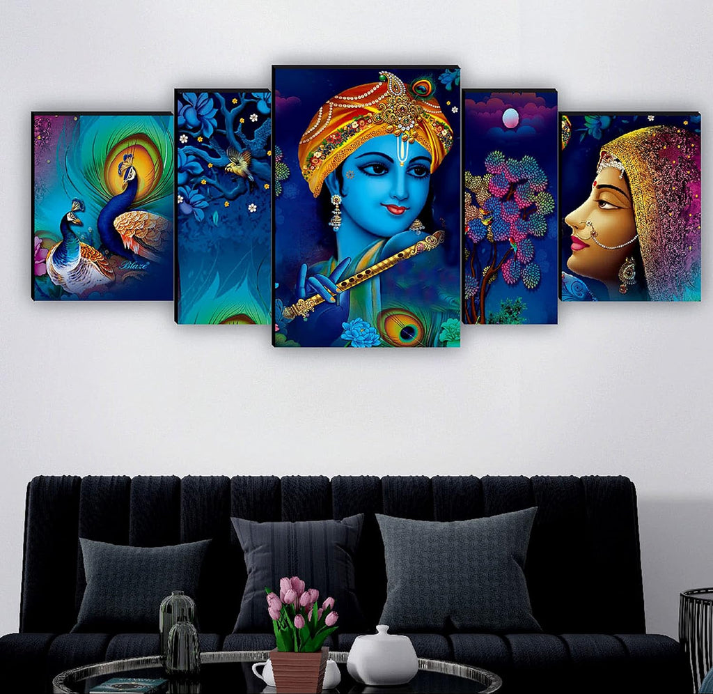 SAF Radha Krishna with couple peacock UV Textured MDF Abstract Panel Painting For Home Decoration, 18 Inch X 42 Inch, Set of 5, multicolor