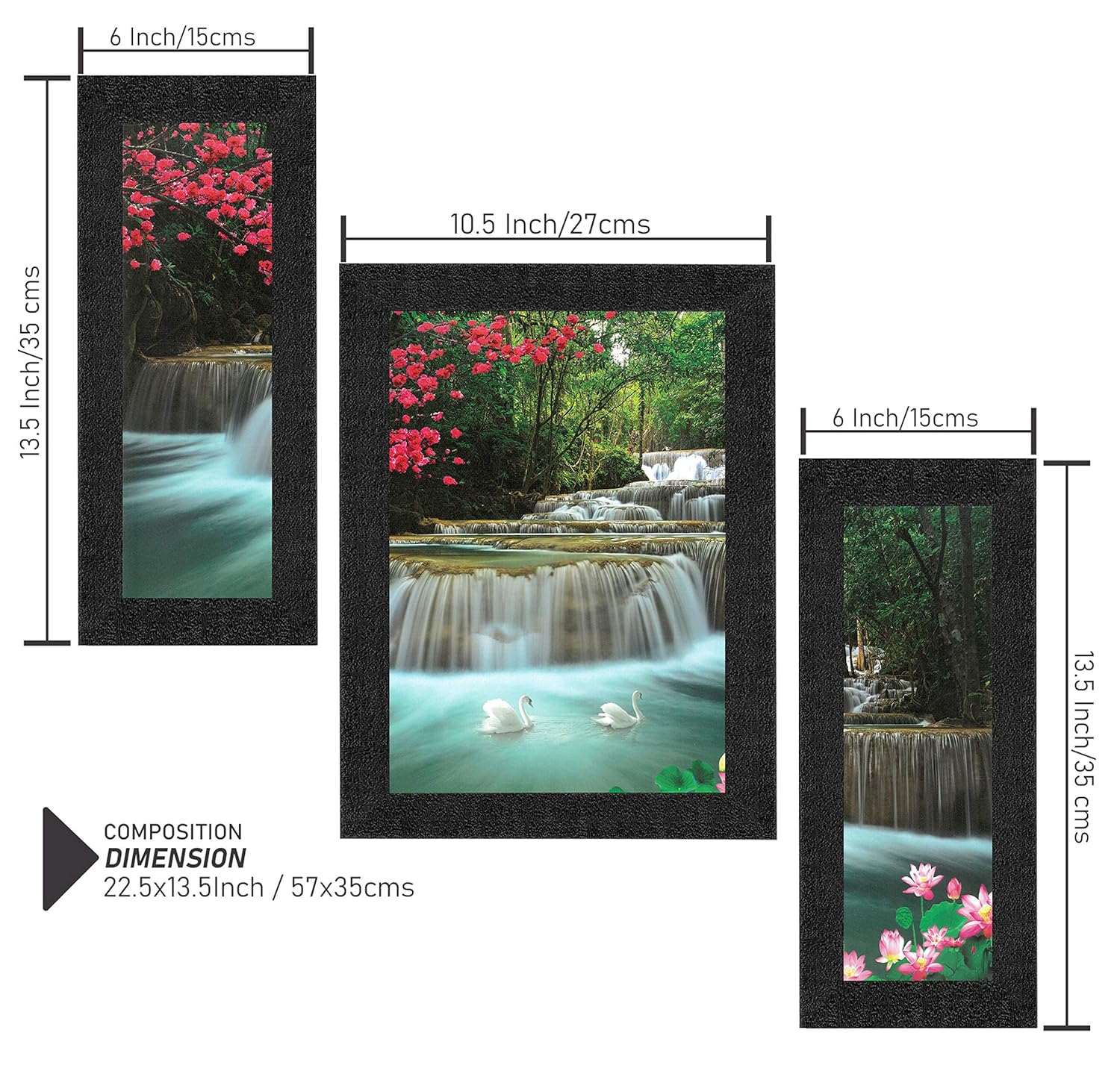 SAF paintings Set of 3 Waterfall in Forest Nature UV Coated Home Decorative Gift Item Framed Painting 13.5 inch X 22.5 inch SANFSAA9186-Multicolour