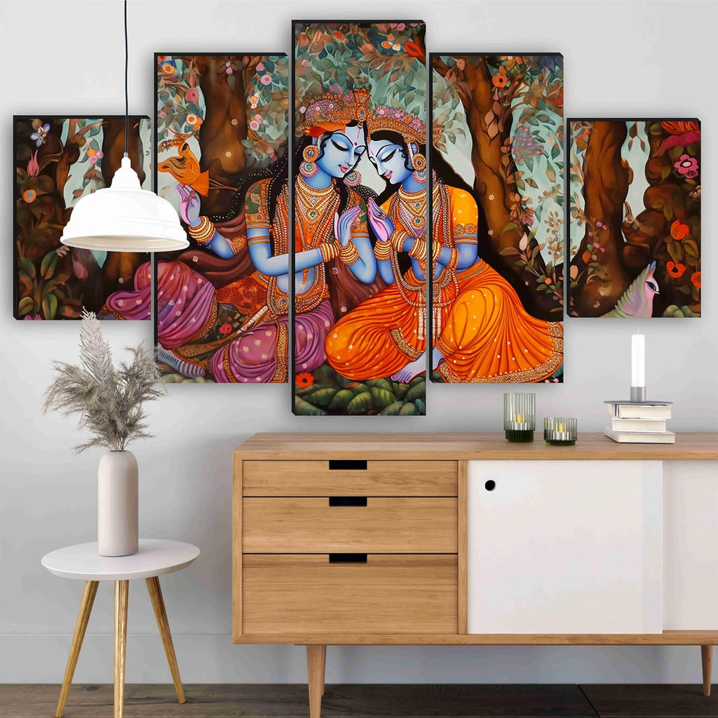 Saf Radha Krishna Paintings For Wall Decoration-Set Of Five,3D Modern Art Painting For Living Room Large Size With Frames For Home Decoration,Hotel,Office 76.2 Cm X 45 Cm Sanfpnls35465-Engineered Wood
