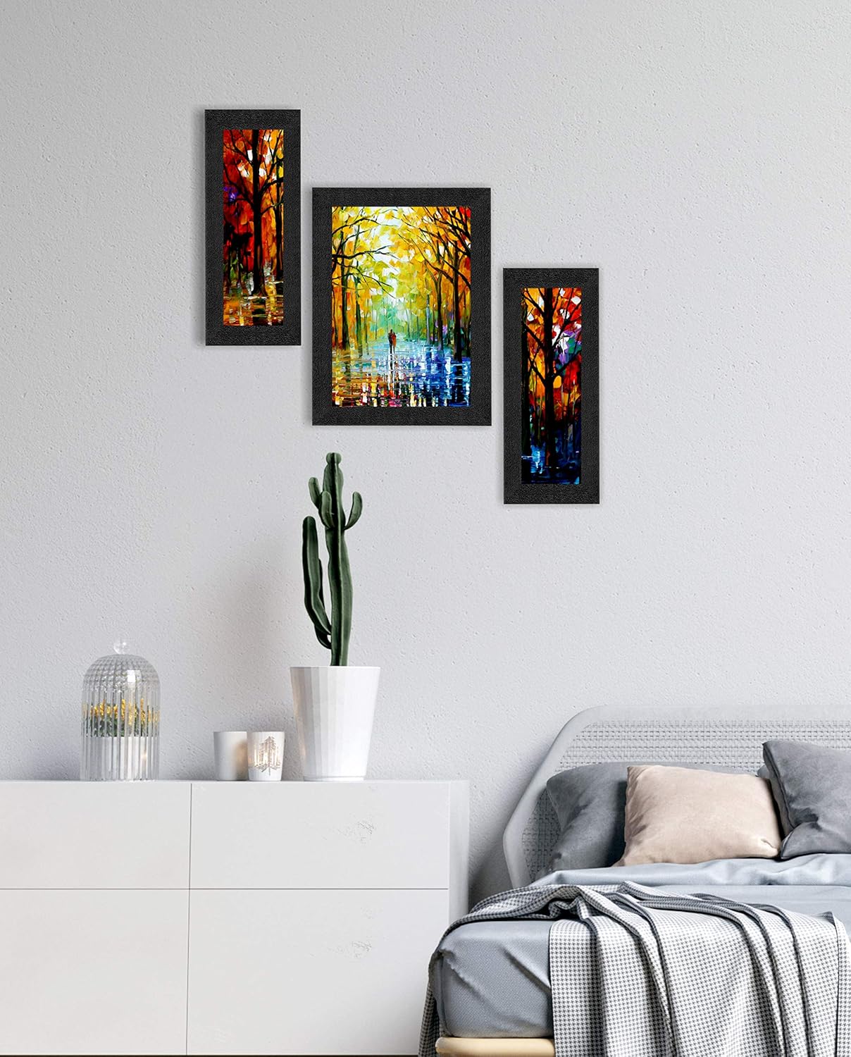 SAF paintings Set of 3 Walking Couple in Forest Watercolor UV Coated Home Decorative Gift Item Framed Painting 13.5 inch X 22.5 inch SANFSAA9201-Multicolour