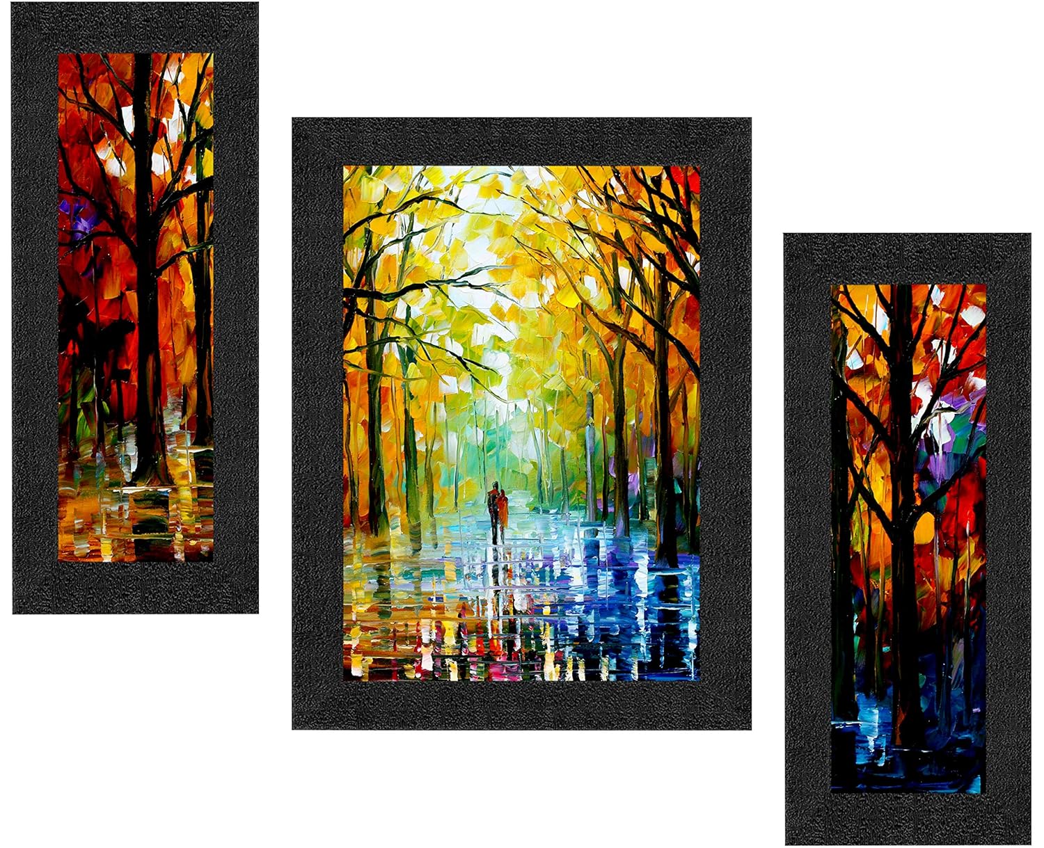 SAF paintings Set of 3 Walking Couple in Forest Watercolor UV Coated Home Decorative Gift Item Framed Painting 13.5 inch X 22.5 inch SANFSAA9201-Multicolour