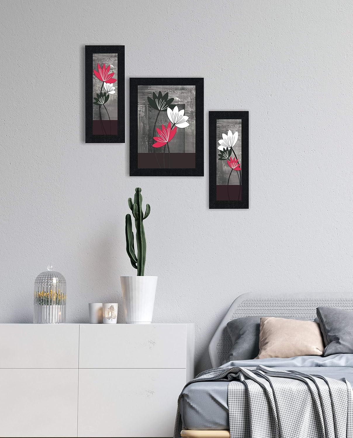 SAF paintings UV Textured Flower Print Framed Painting Set of 3 for Home Decoration – Size 35 x 2 x 50 cm SANFS71