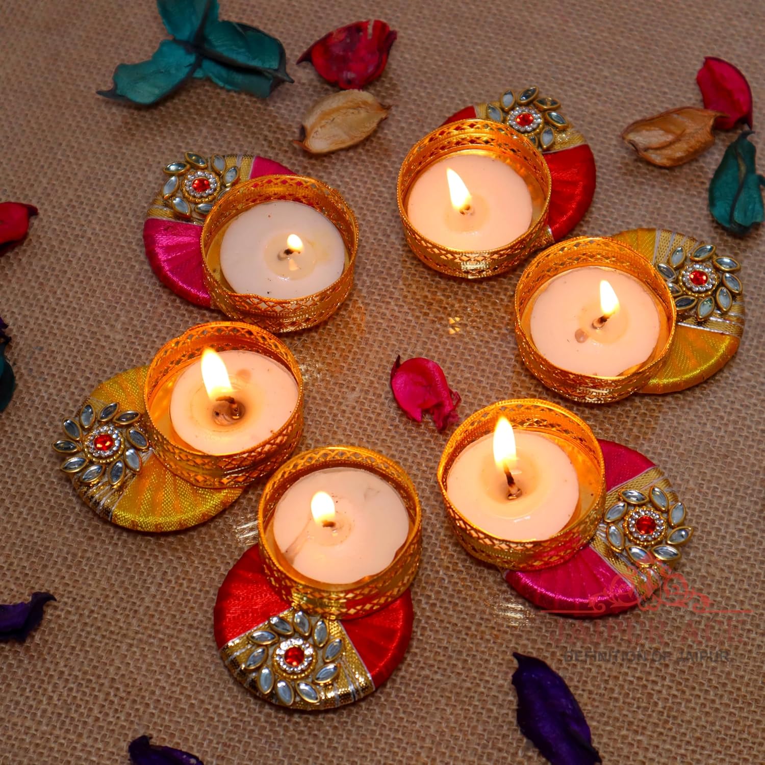 Jaipur Ace Decorative Diwali Tealight Diya | Traditional Handmade Kundan Work Tealight/Diya/Candles Set for Home Decoration | Diya for Diwali Ganesh Chaturthi Laxmi Pooja (Set of 6)