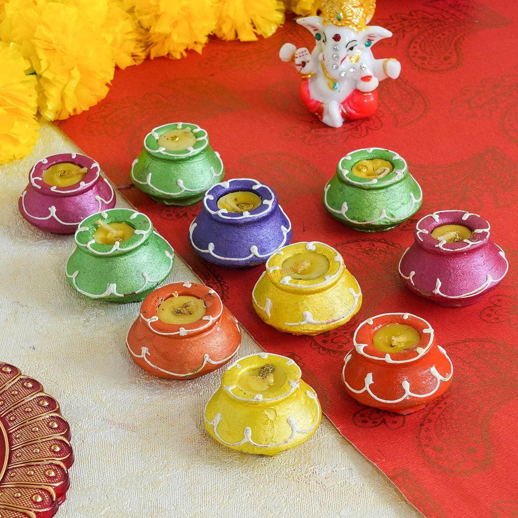 TIED RIBBONS Pack of 10 Clay Diya Set - Matki Shape Teracotta Diya Set Waxed Filled Mitti Diya Earthen Diyas Combo Pack - Diwali Decor Diyas for Diwali (Set of 10, Multicolor)