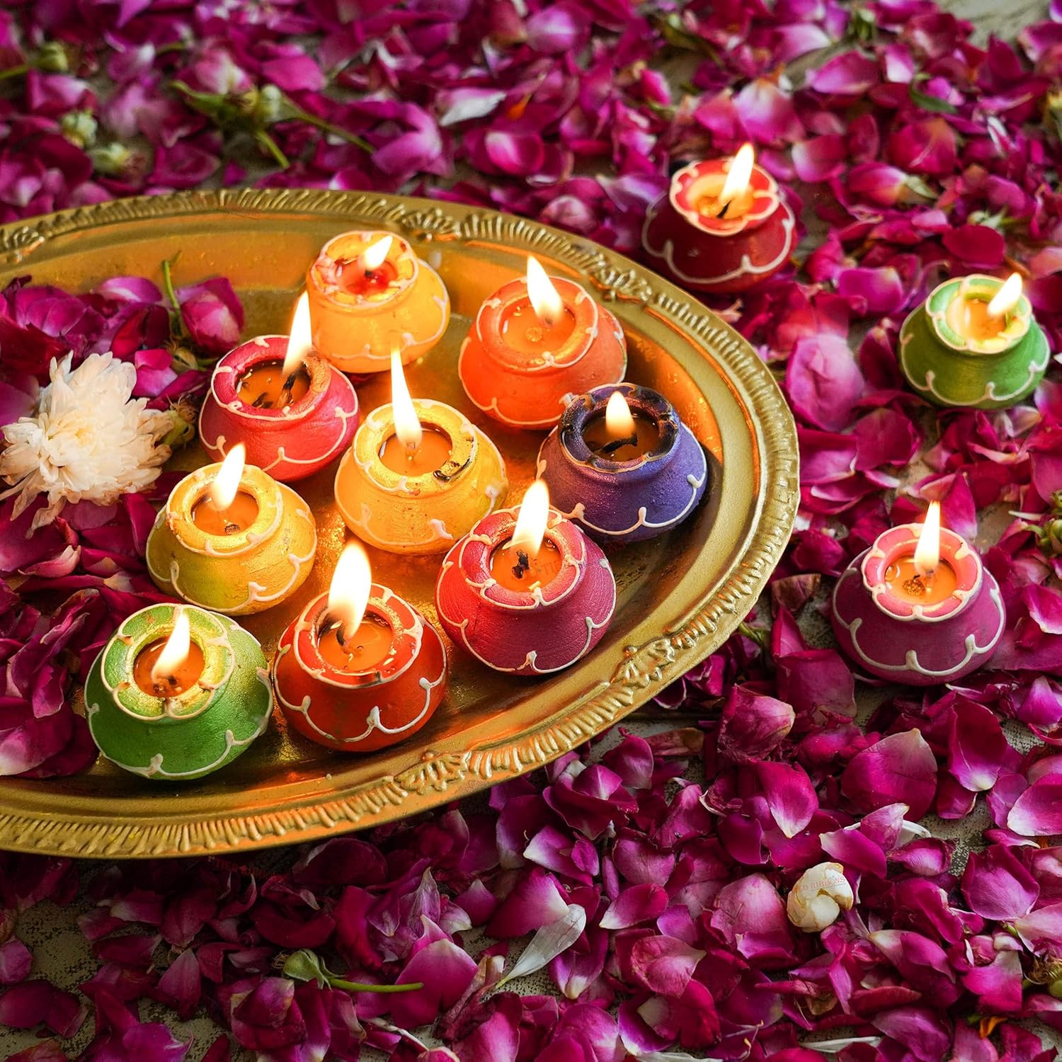 TIED RIBBONS Pack of 10 Clay Diya Set - Matki Shape Teracotta Diya Set Waxed Filled Mitti Diya Earthen Diyas Combo Pack - Diwali Decor Diyas for Diwali (Set of 10, Multicolor)