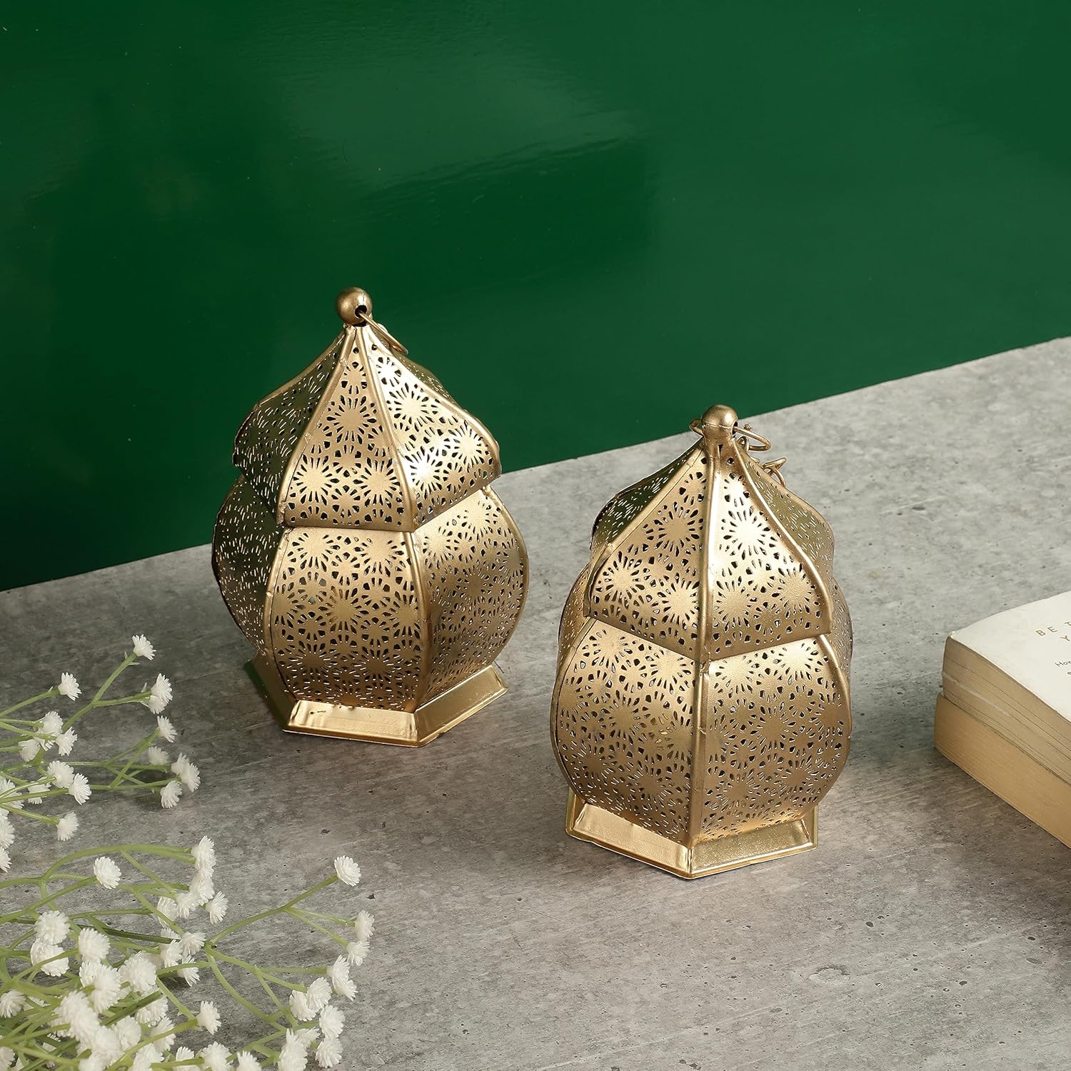 Purestory Lanterns for Home Decor | Lantern for Candle | Antique Metal Lantern and Hanging Tealight Holder for Home Decor Items | Lantern for Diwali | Gold Moroccan Hanging Lantern | Size 6 Inches