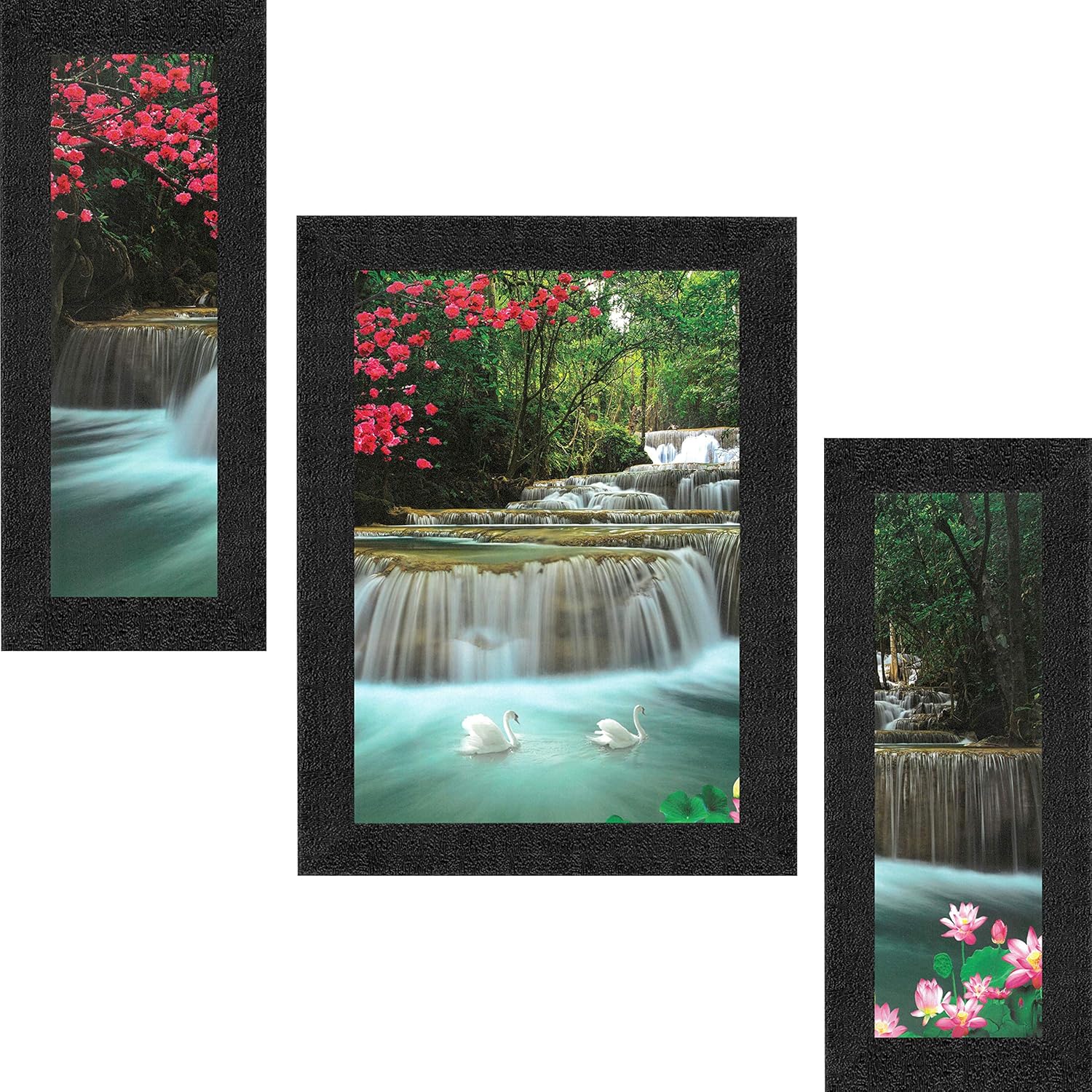 SAF paintings Set of 3 Waterfall in Forest Nature UV Coated Home Decorative Gift Item Framed Painting 13.5 inch X 22.5 inch SANFSAA9186-Multicolour