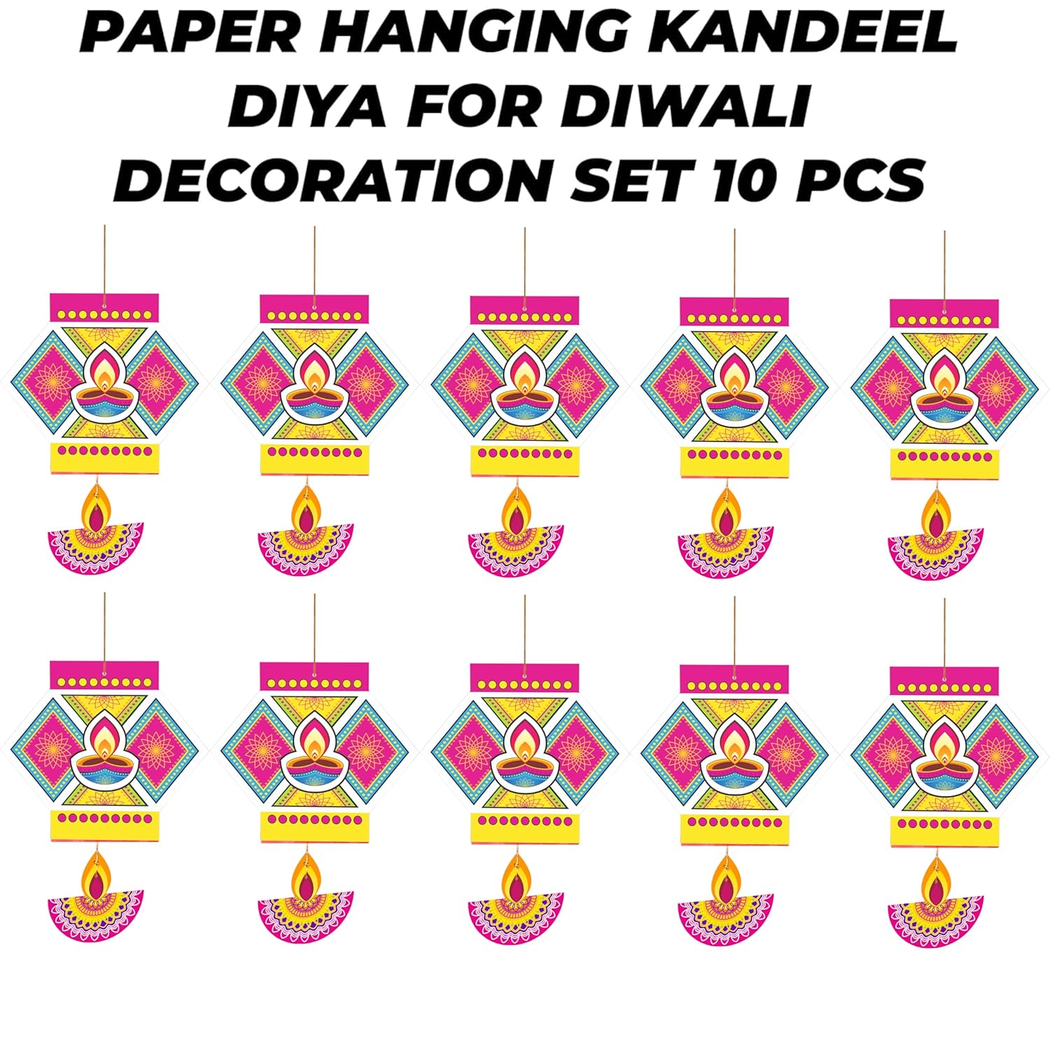TOYXE Paper Hanging Kandeel Diya for Diwali Decoration Set of 10 Pcs