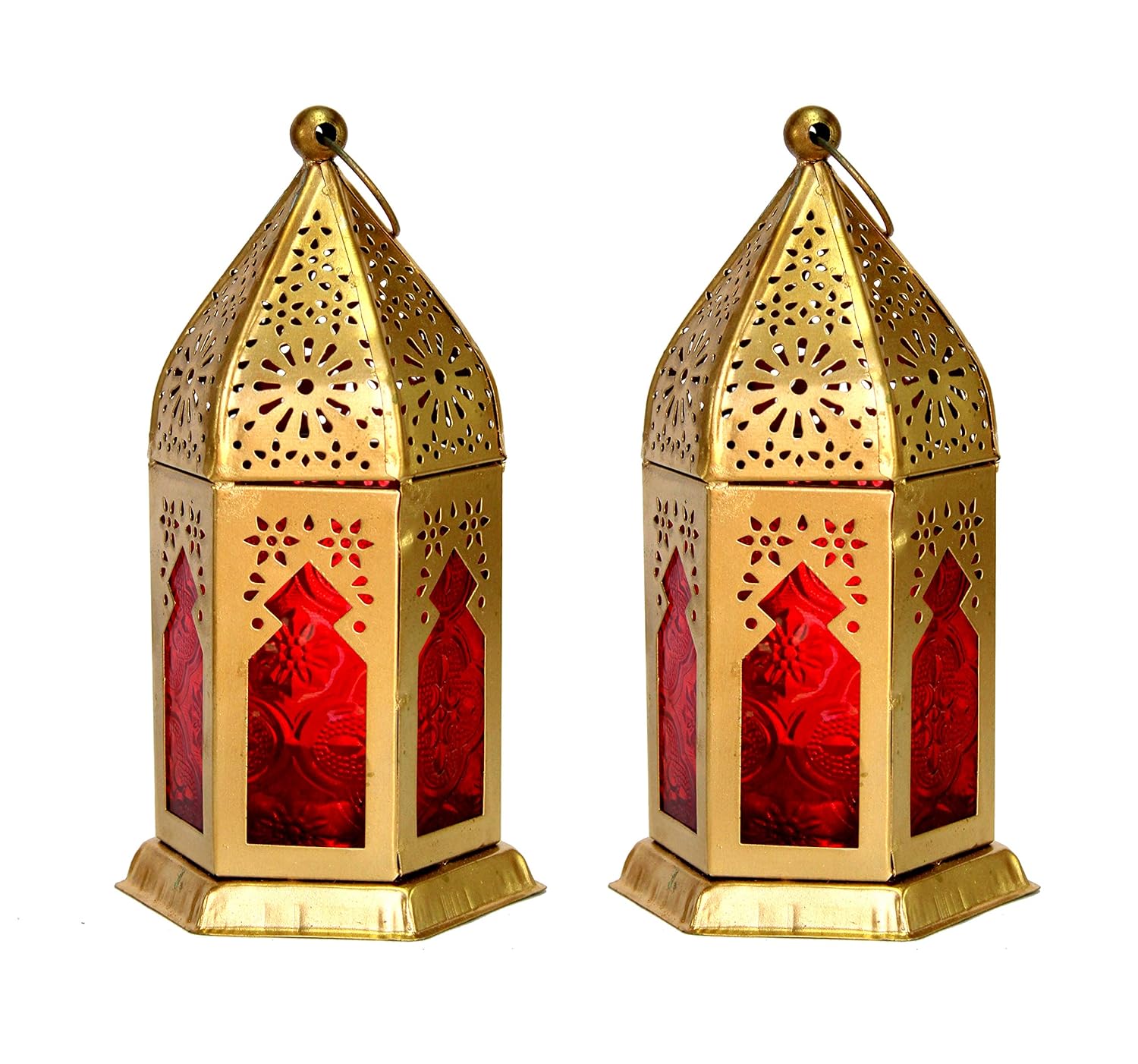 eSplanade 6.5" Moroccan Lantern Red-Colored Glass Hanging Lamp | Home Decor | Tealight Holder (2 Pieces)