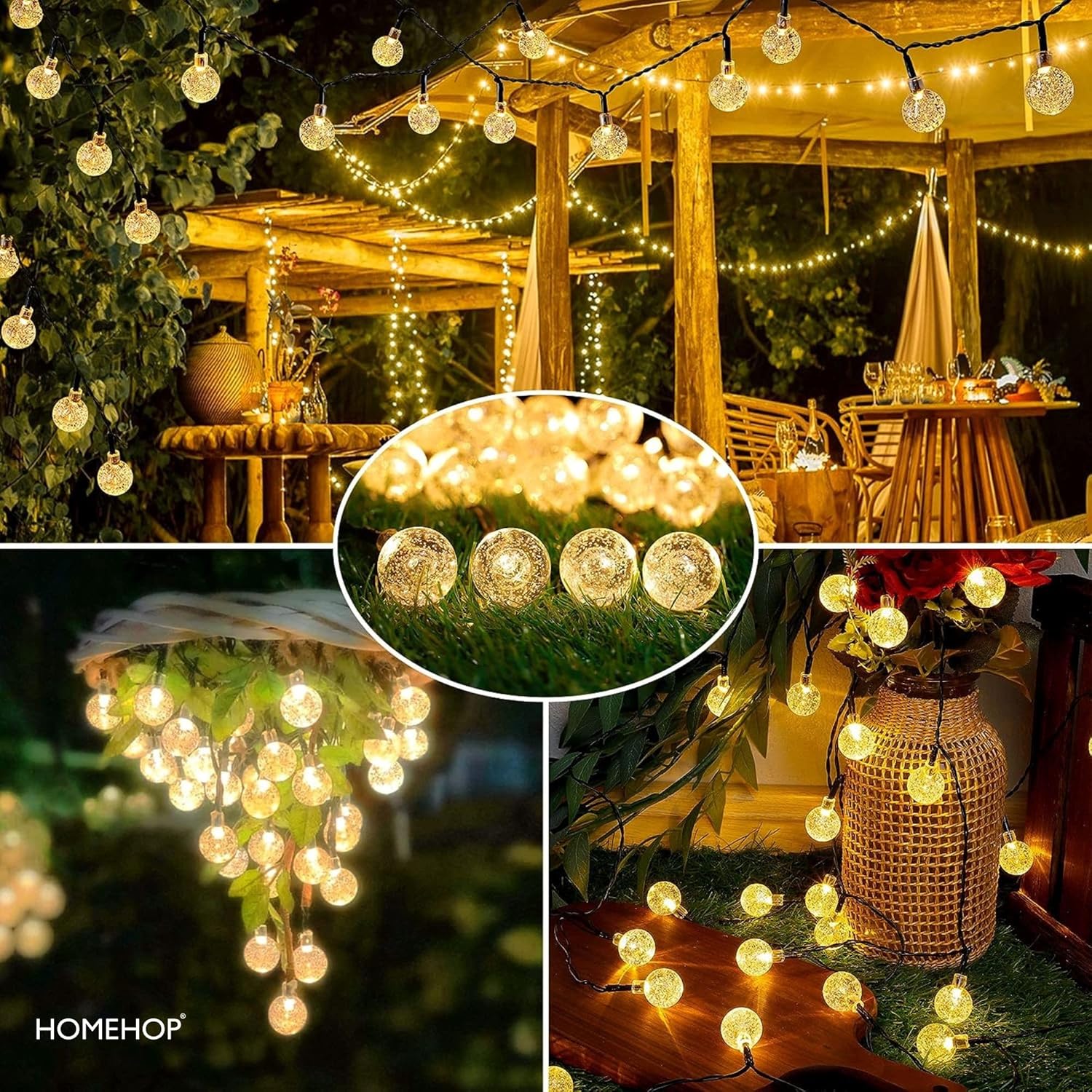 Homehop Solar Outdoor 30 Led Crystal Ball String Light for Home Garden Balcony Terrace Wall Rechargeable Waterproof Decorative Lamp Diwali Decoration Item(6.5M, 800 mAhPack of 2)