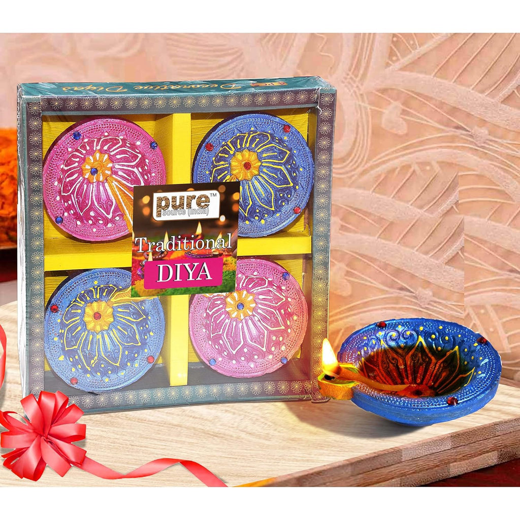 Pure Source India Decorative Terracotta Handmade Design Diya Suitable for Diwali, Festive Occasion, Pooja/Mandir/Temple (3 X 3.5 X 1 INCH) (Multicolour) (8 PCS)