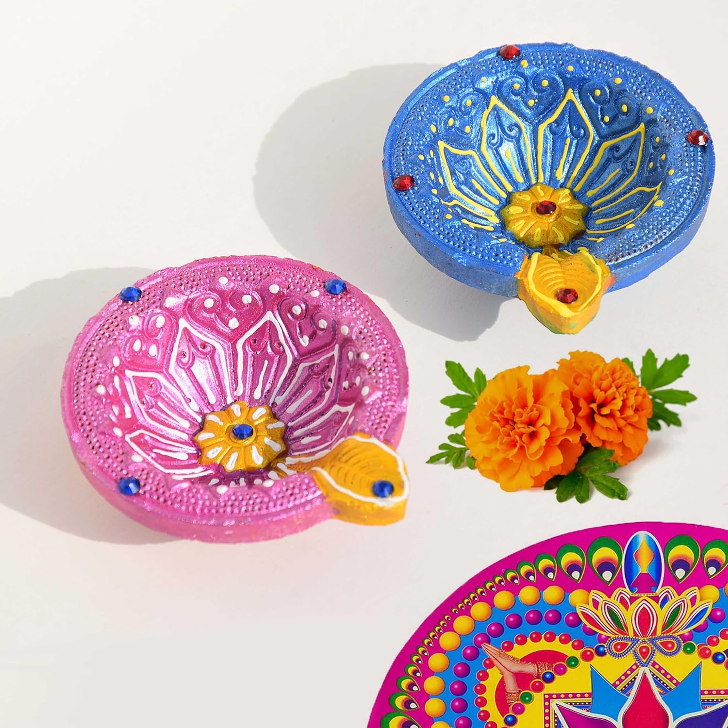 Pure Source India Decorative Terracotta Handmade Design Diya Suitable for Diwali, Festive Occasion, Pooja/Mandir/Temple (3 X 3.5 X 1 INCH) (Multicolour) (8 PCS)