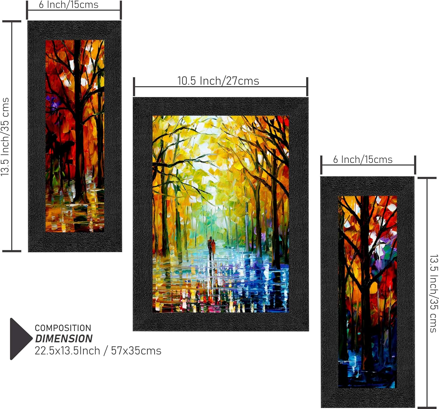 SAF paintings Set of 3 Walking Couple in Forest Watercolor UV Coated Home Decorative Gift Item Framed Painting 13.5 inch X 22.5 inch SANFSAA9201-Multicolour