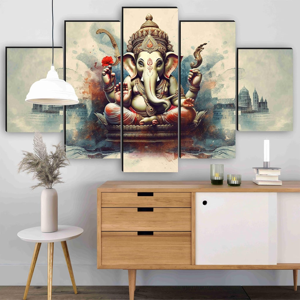 SAF Ganesha Paintings for Wall Decoration - Set Of Five, 3d modern art Painting for Living Room Large Size with Frames for Home Decoration, Hotel, Office 76.2 cm x 45 cm SANFPNLS35470