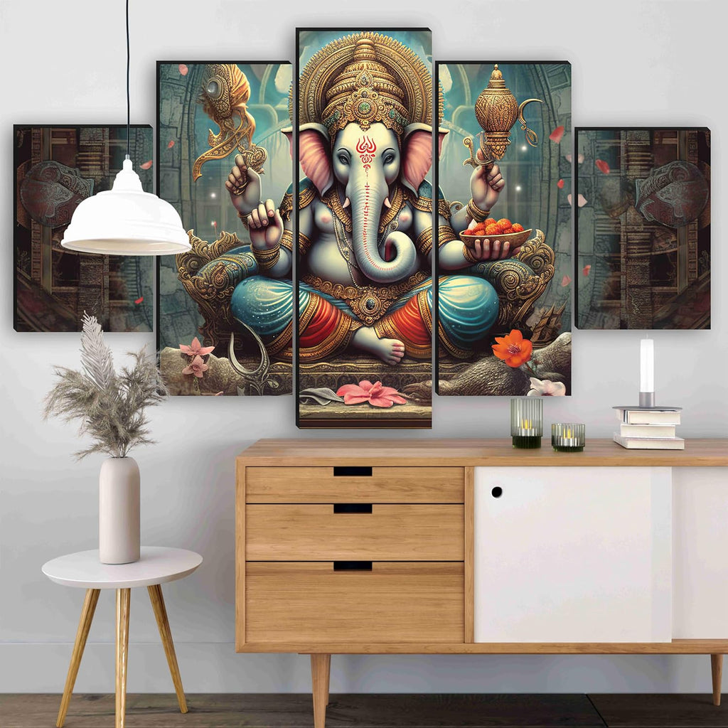 SAF Ganesha Paintings for Wall Decoration - Set Of Five, 3d modern art Painting for Living Room Large Size with Frames for Home Decoration, Hotel, Office 76.2 cm x 45 cm SANFPNLS35467