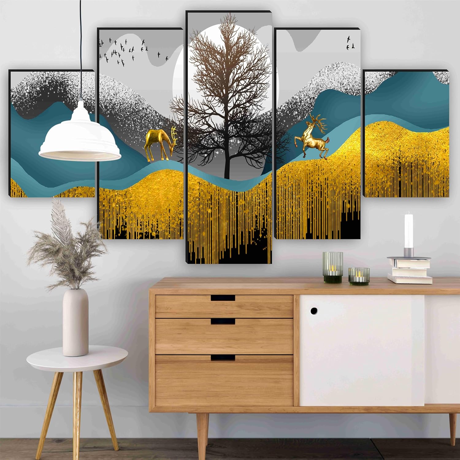 SAF Deer Paintings for Wall Decoration - Set Of Five, 3d Scenery Vastu Painting for Living Room Large Size with Frames for Home Decoration, Hotel, Office 76.2 cm x 45 cm SANFPNLS35462