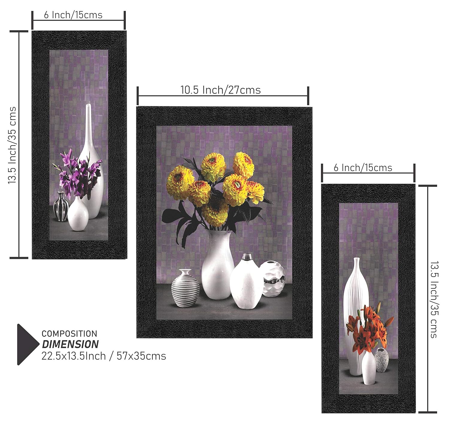 SAF paintings Set of 3 Flower Floral Pot UV Coated Home Decorative Gift Item Framed Painting 13.5 inch X 22 inch SANFSA7478