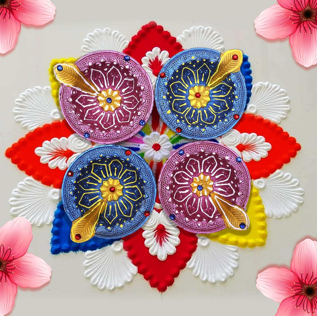 Pure Source India Decorative Terracotta Handmade Design Diya Suitable for Diwali, Festive Occasion, Pooja/Mandir/Temple (3 X 3.5 X 1 INCH) (Multicolour) (8 PCS)
