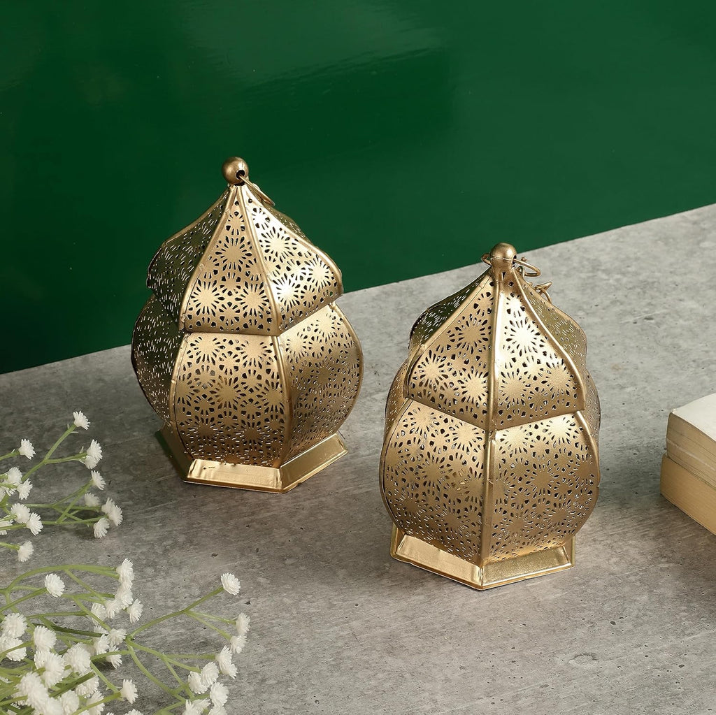 Purestory Lanterns for Home Decor | Lantern for Candle | Antique Metal Lantern and Hanging Tealight Holder for Home Decor Items | Lantern for Diwali | Gold Moroccan Hanging Lantern | Size 6 Inches