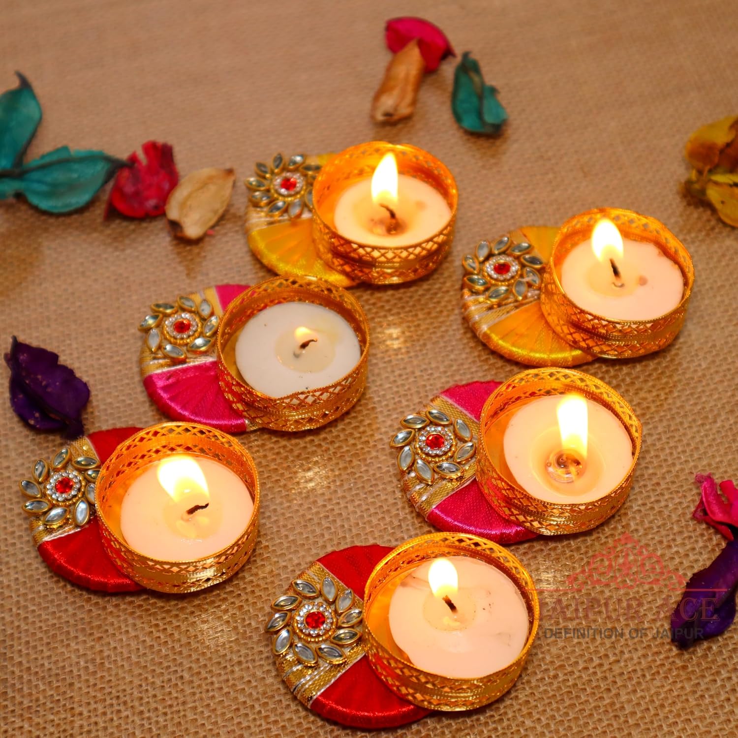 Jaipur Ace Decorative Diwali Tealight Diya | Traditional Handmade Kundan Work Tealight/Diya/Candles Set for Home Decoration | Diya for Diwali Ganesh Chaturthi Laxmi Pooja (Set of 6)