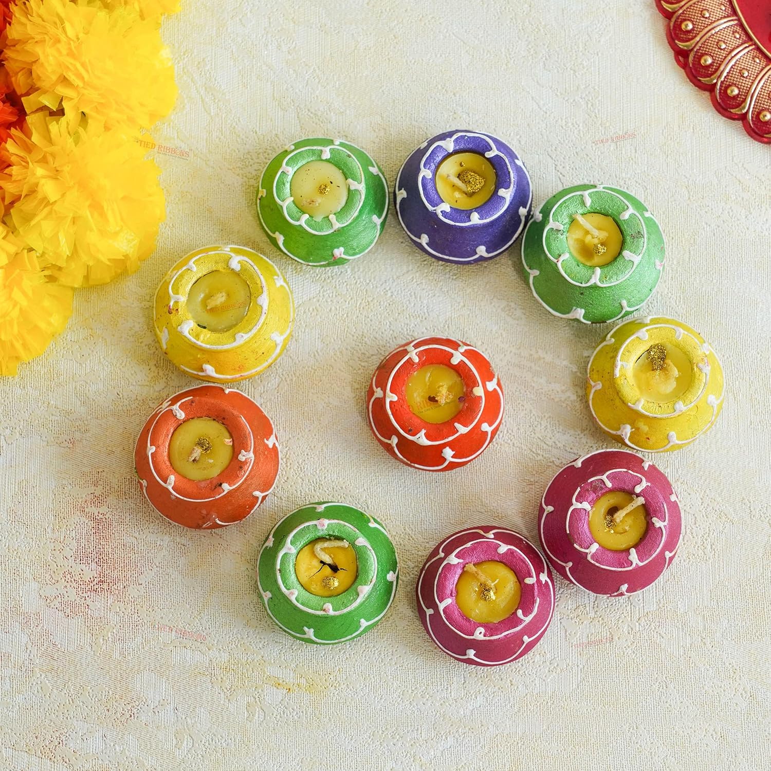 TIED RIBBONS Pack of 10 Clay Diya Set - Matki Shape Teracotta Diya Set Waxed Filled Mitti Diya Earthen Diyas Combo Pack - Diwali Decor Diyas for Diwali (Set of 10, Multicolor)