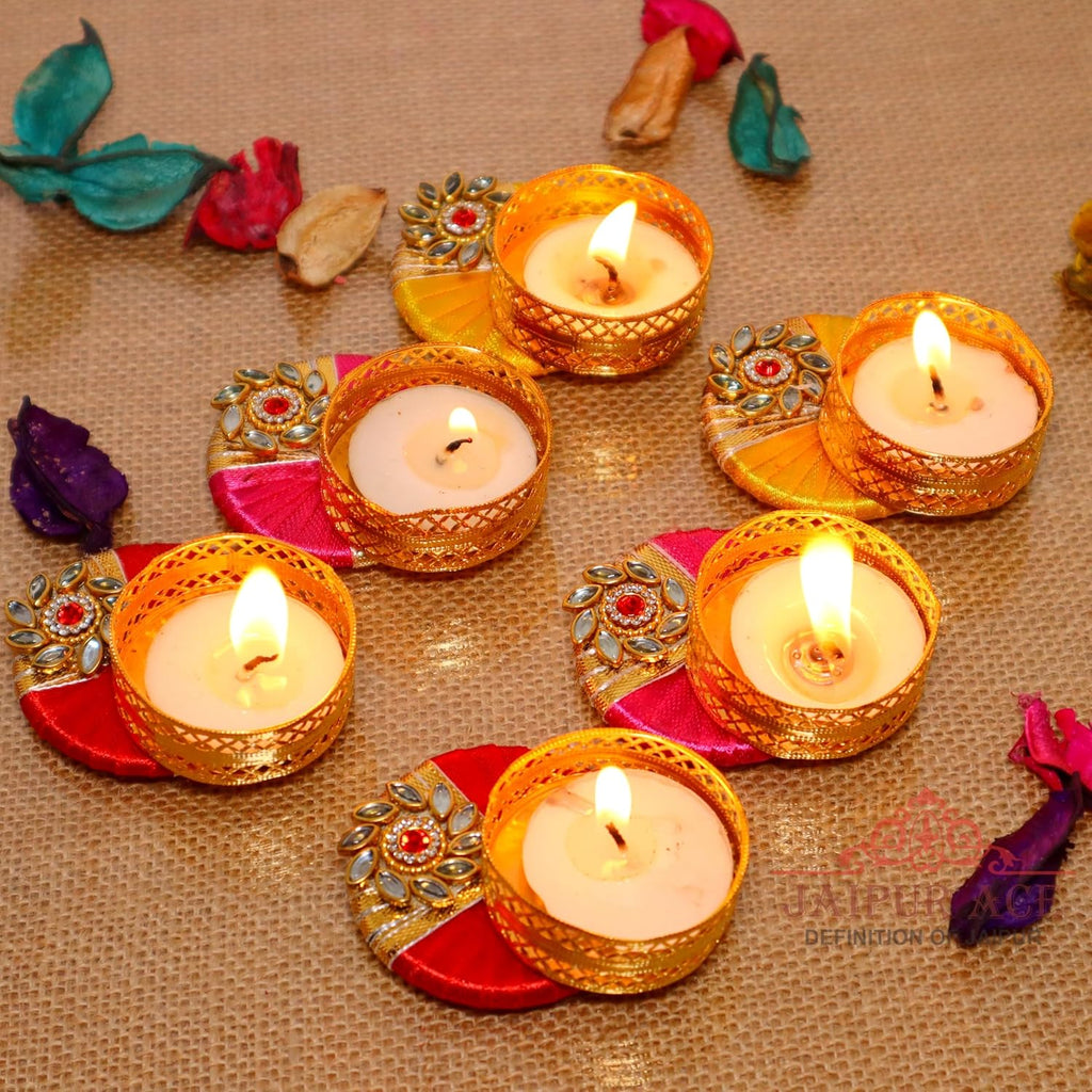 Jaipur Ace Decorative Diwali Tealight Diya | Traditional Handmade Kundan Work Tealight/Diya/Candles Set for Home Decoration | Diya for Diwali Ganesh Chaturthi Laxmi Pooja (Set of 6)