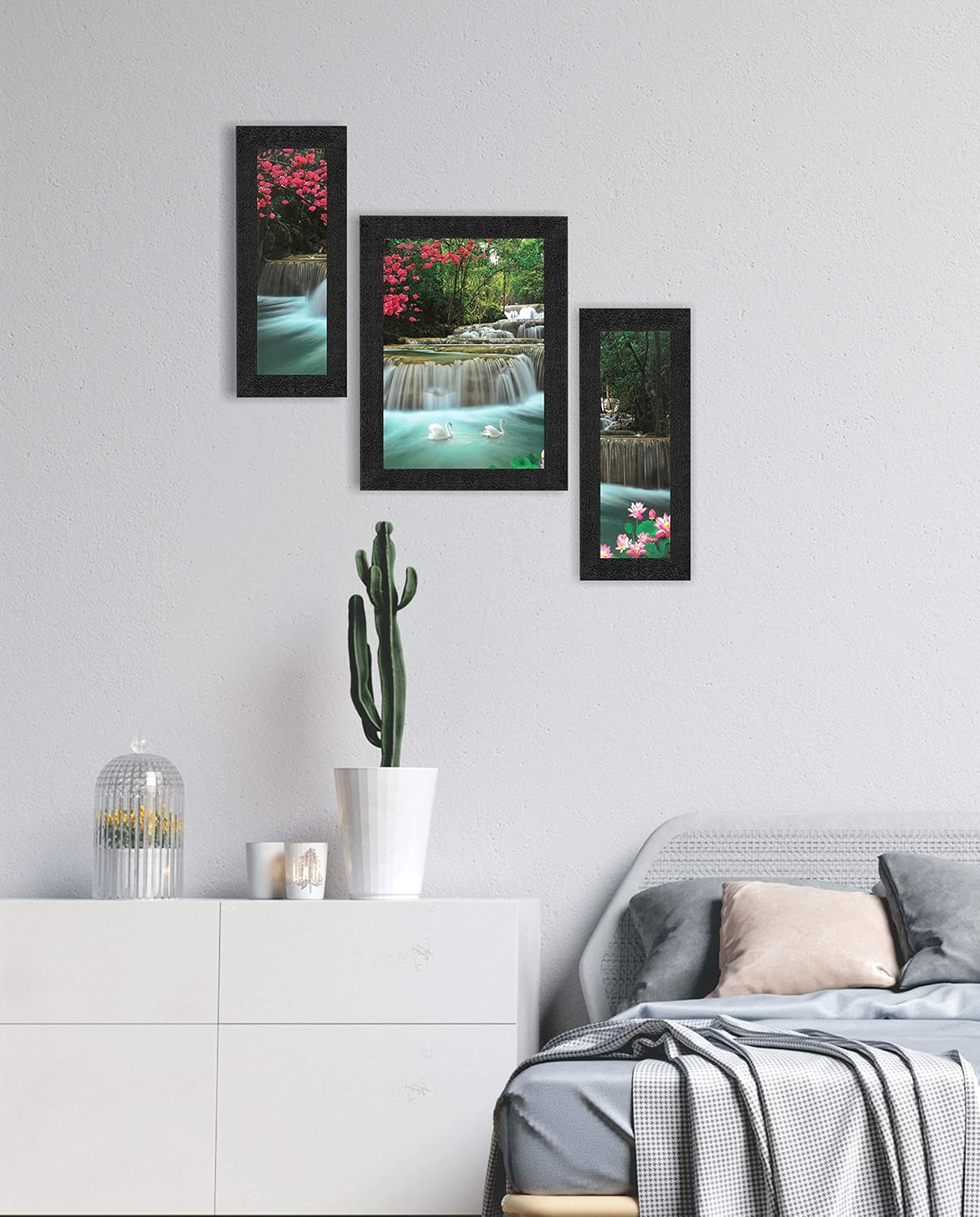 SAF paintings Set of 3 Waterfall in Forest Nature UV Coated Home Decorative Gift Item Framed Painting 13.5 inch X 22.5 inch SANFSAA9186-Multicolour