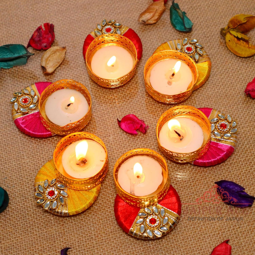 Jaipur Ace Decorative Diwali Tealight Diya | Traditional Handmade Kundan Work Tealight/Diya/Candles Set for Home Decoration | Diya for Diwali Ganesh Chaturthi Laxmi Pooja (Set of 6)