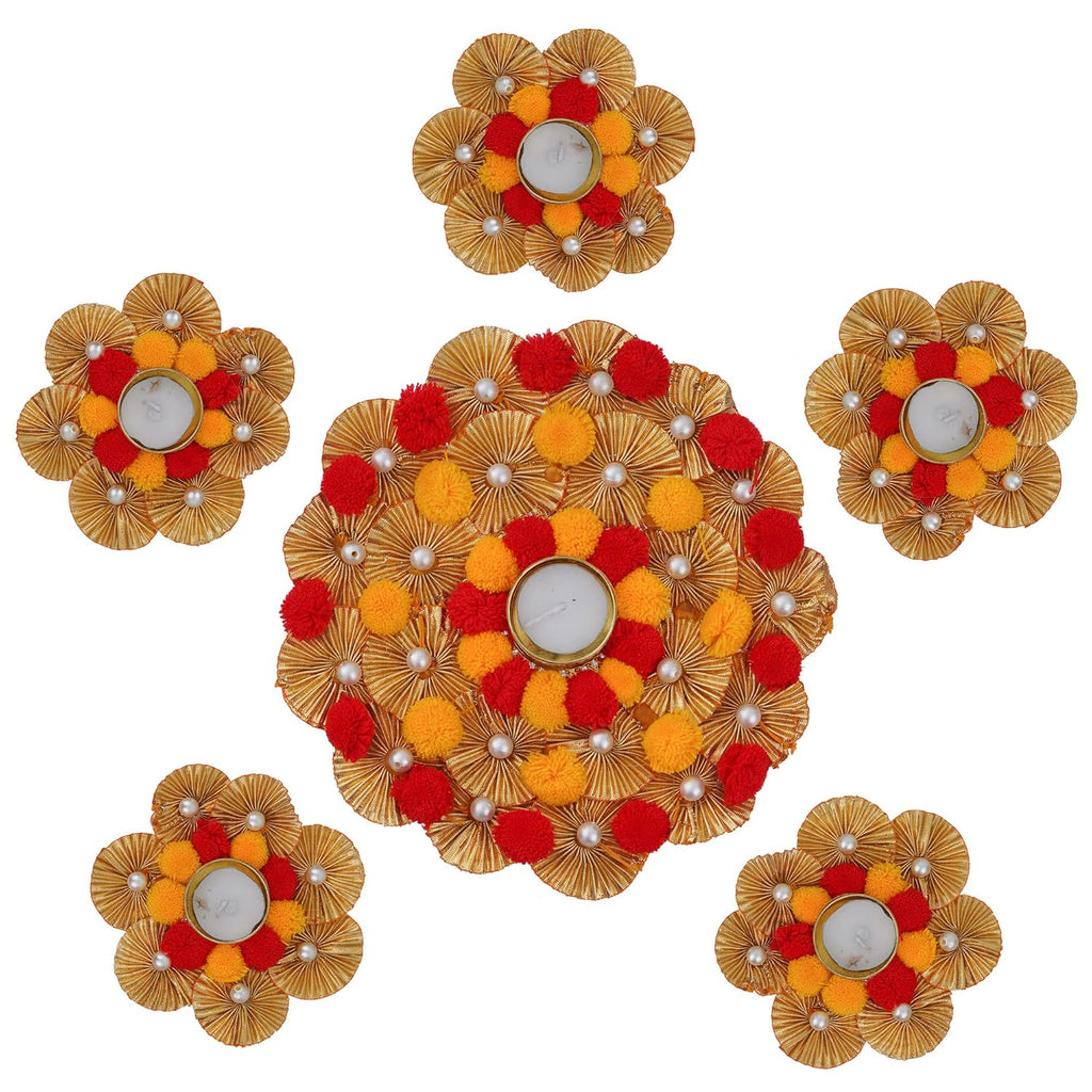 Sanvatsar Home Decorative Rangoli & Diya Set | Corporate Gift, Diwali Gift, Diya for puja Home Decoration Light Diya, Christmas Candle, Lighting, New Year Candle Set of 6 (Yellow & Red)