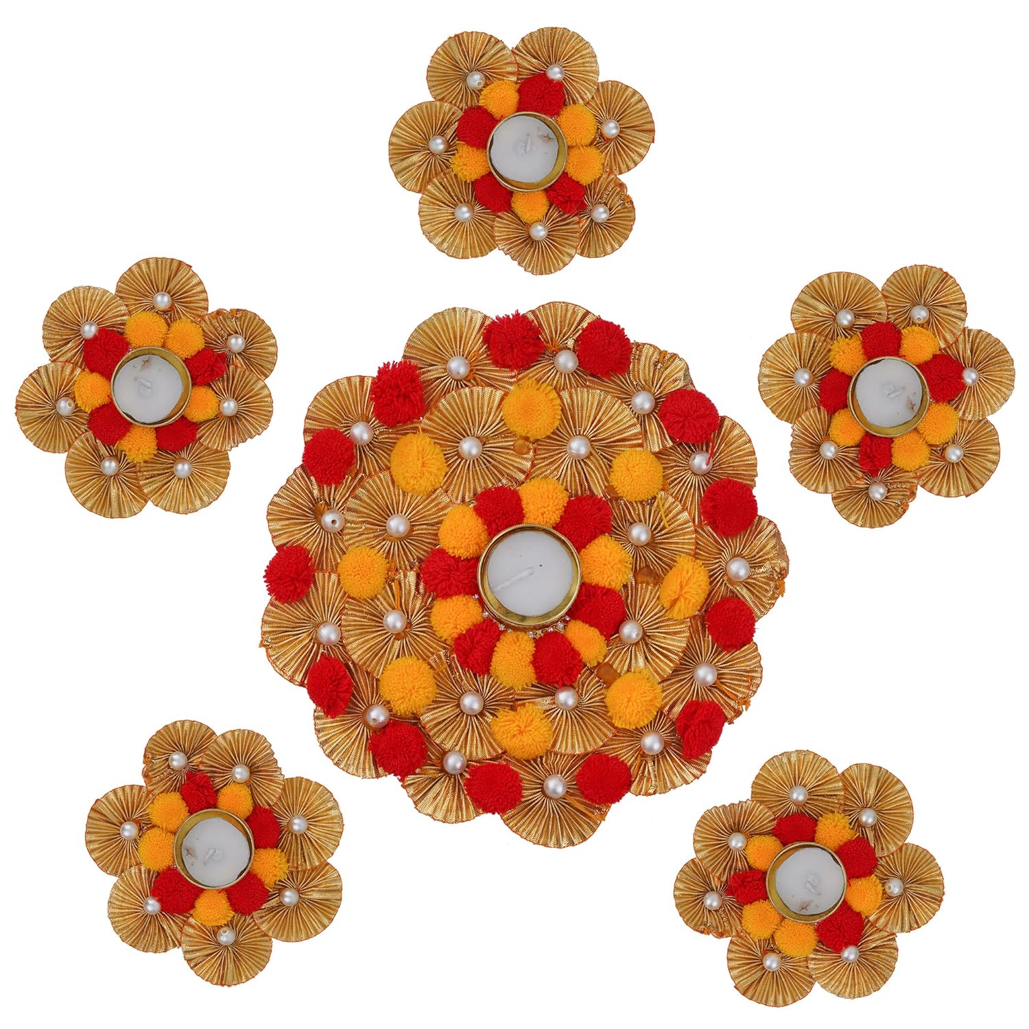 Sanvatsar Home Decorative Rangoli & Diya Set | Corporate Gift, Diwali Gift, Diya for puja Home Decoration Light Diya, Christmas Candle, Lighting, New Year Candle Set of 6 (Yellow & Red)